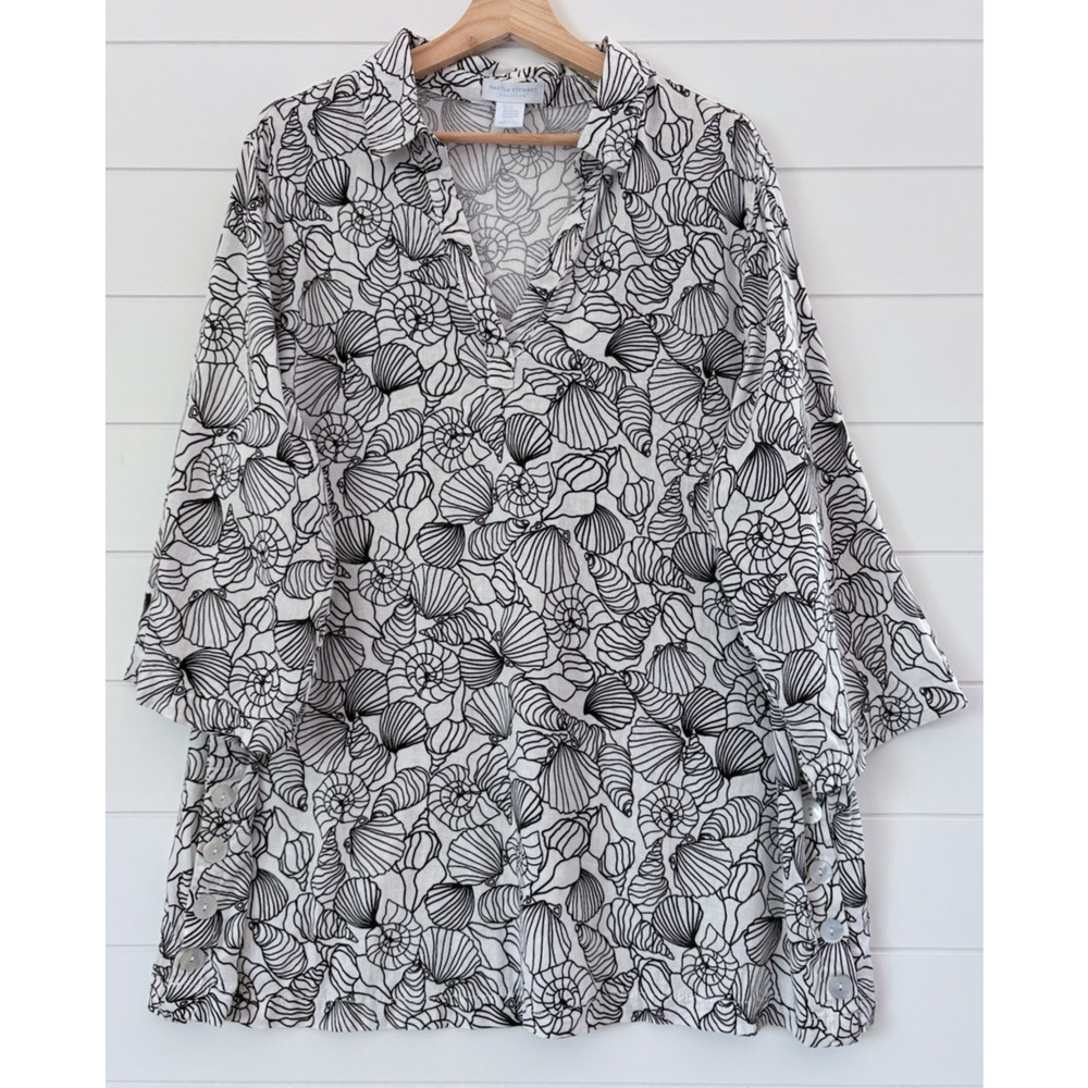 Martha Stewart 2X Linen Blend Seashell Print Popover Tunic Blouse Beach Coastal - Picture 2 of 12